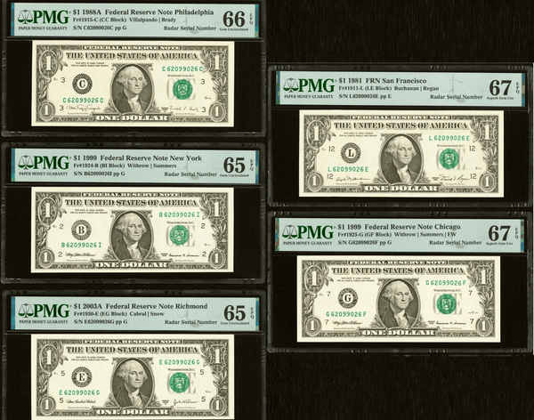 Eight graded $1 Radar serial bills featuring FR# districts and Exceptional Paper Quality labels