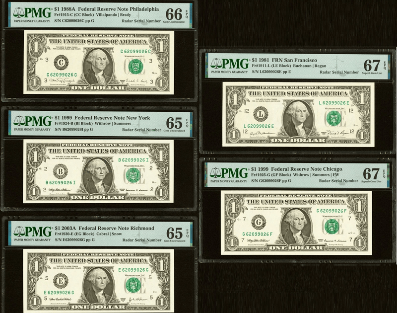 Eight graded $1 Radar serial bills featuring FR# districts and Exceptional Paper Quality labels
