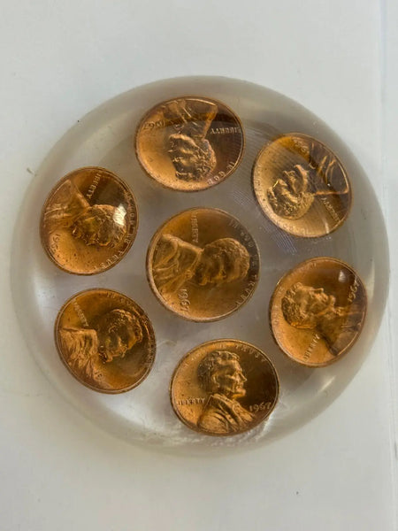 Vintage Lucite Acrylic Paperweight with Embedded Lincoln Memorial Pennies (1957–1967 Era) Heritage Pastime