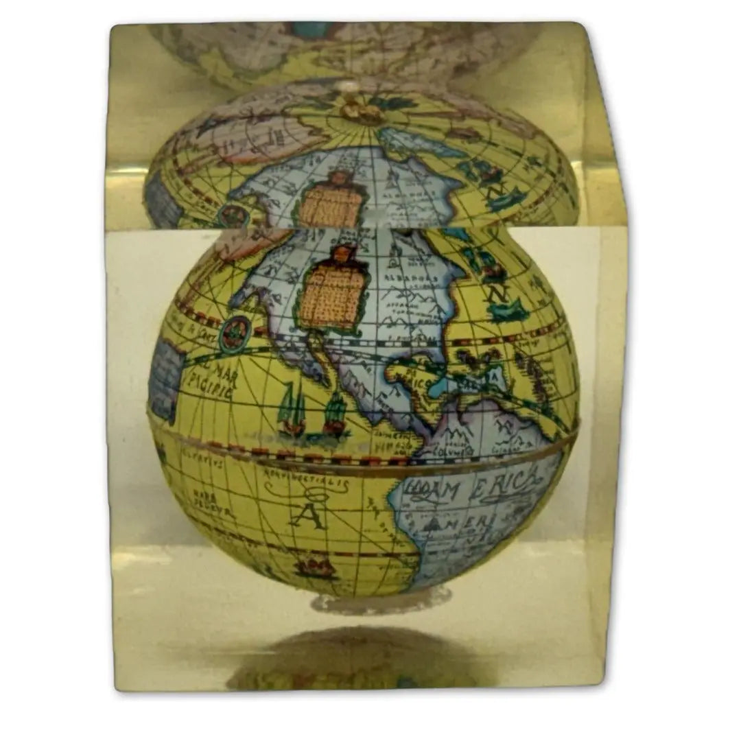 Vintage Lucite globe paperweight cube Coin Hub