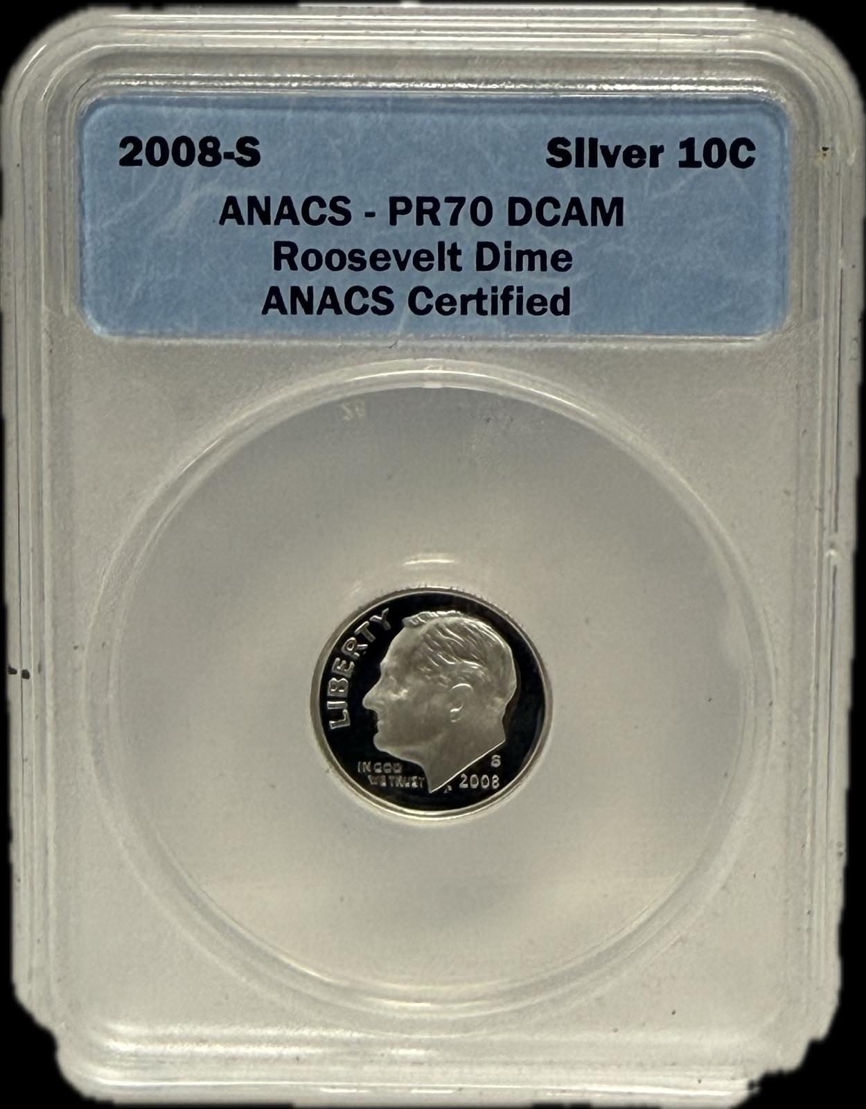 2008-S SILVER 10C ANACS PR70 DCAM