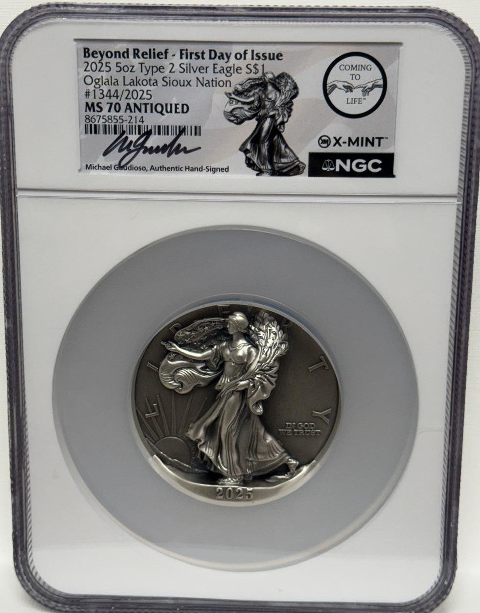 Beyond Relife - First Day of Issue 2025 5oz Type 2 Silver Eagle S$1 Oglala Lakota Sioux Nation #1344/2025 MS70 ANTIQUED