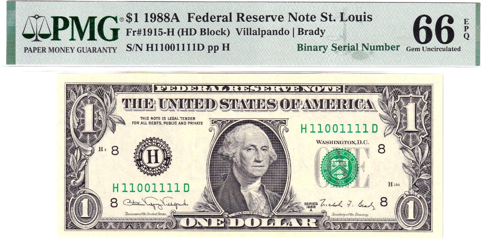 1988-A $1 FRN PMG 66EPQ Fancy NEAR SOLID 6 DIGIT 0/1 BINARY Serial #H11001111D