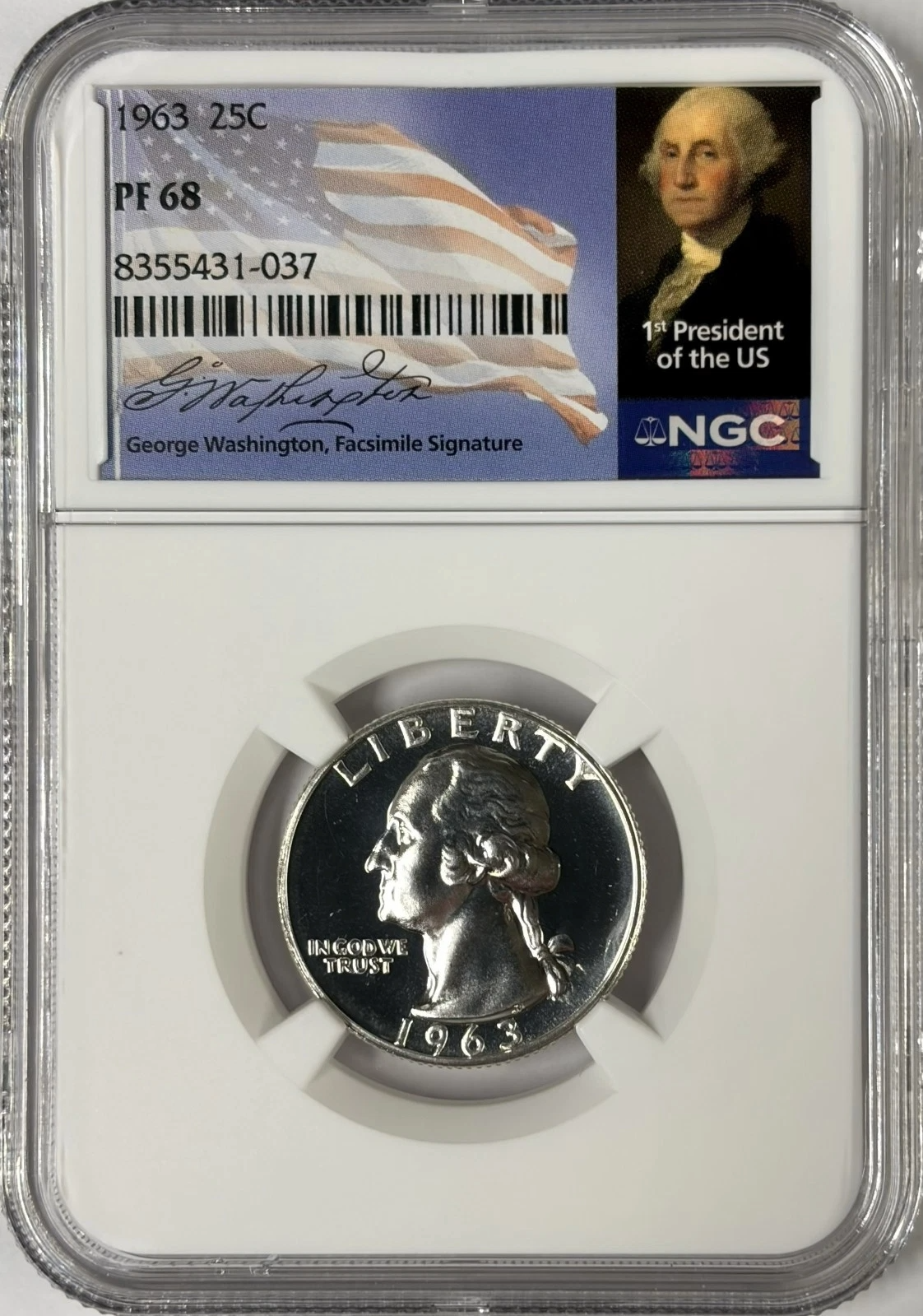 1963 NGC PF68 90% Silver Proof Washington Quarter 25c New Signature Label