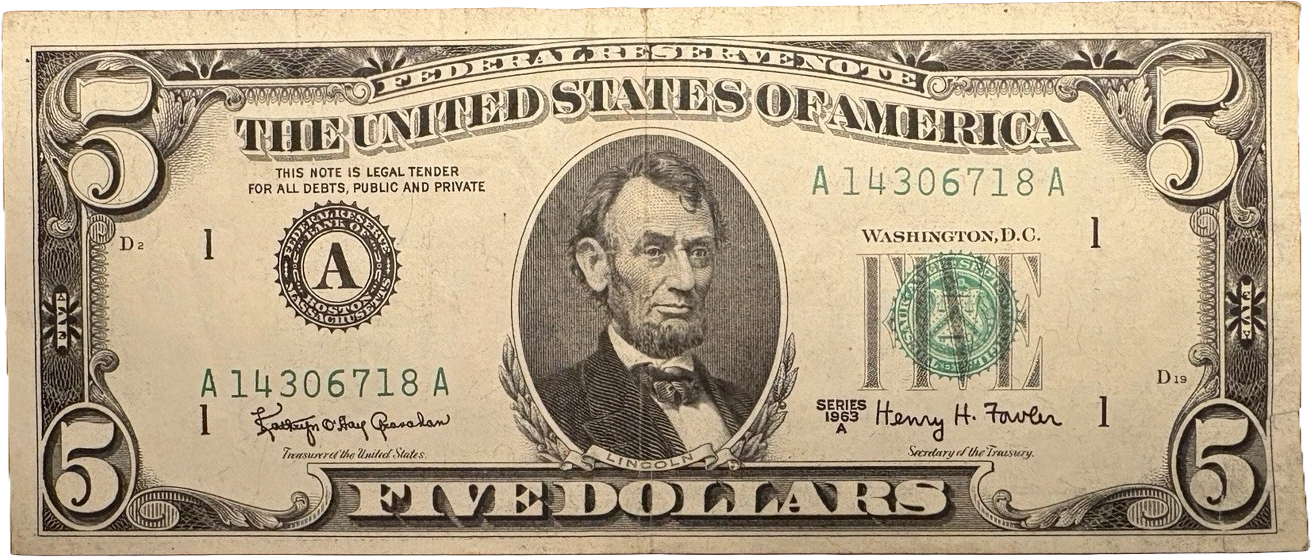 Superb Crisp 1963A $5 note. ERROR! Printing on reverse! RARE!