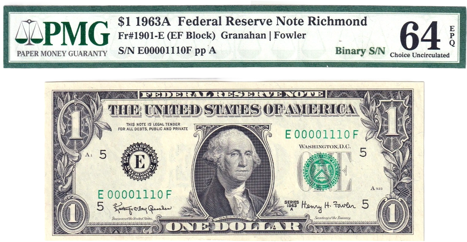 1963-A $1 FRN PMG Choice Unc 64EPQ Fancy TRUE 0/1 BINARY Serial #E00001110F