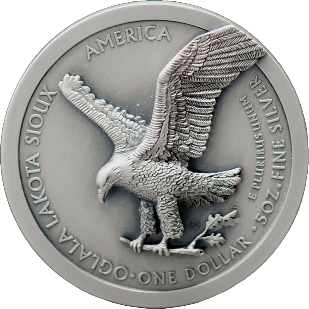 Beyond Relife - First Day of Issue 2025 5oz Type 2 Silver Eagle S$1 Oglala Lakota Sioux Nation #1344/2025 MS70 ANTIQUED