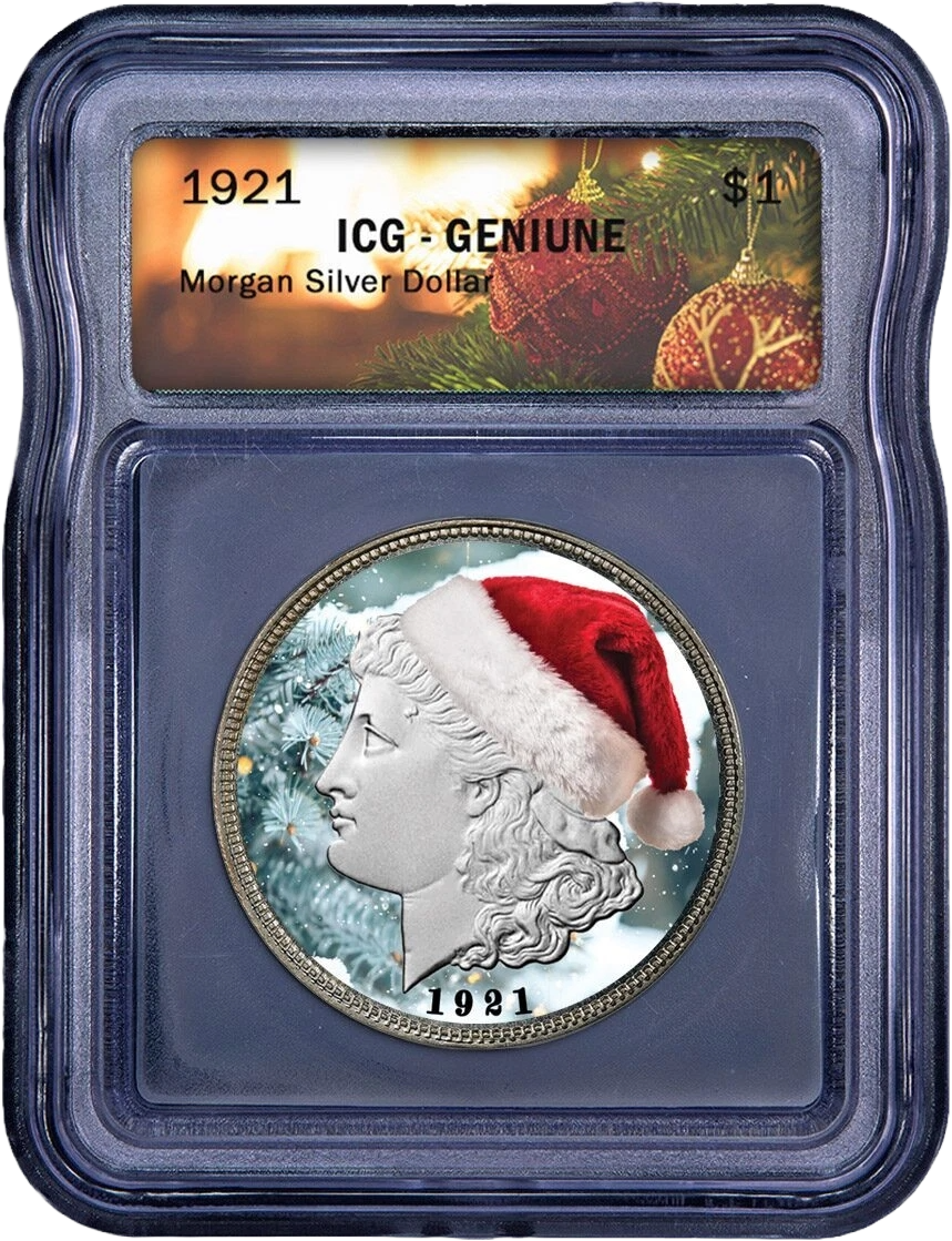 ICG Christmas Label Genuine 1921 U.S. Morgan Silver Dollar Colorized Christma...