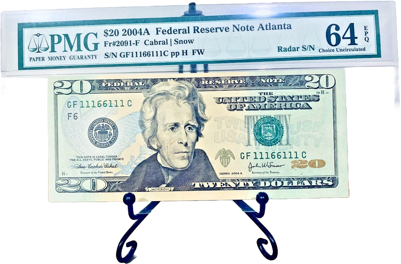 2004-A $20 FRN PMG 64EPQ BINARY RADAR ROTATOR TRINARY BOOKEND #GF11166111C